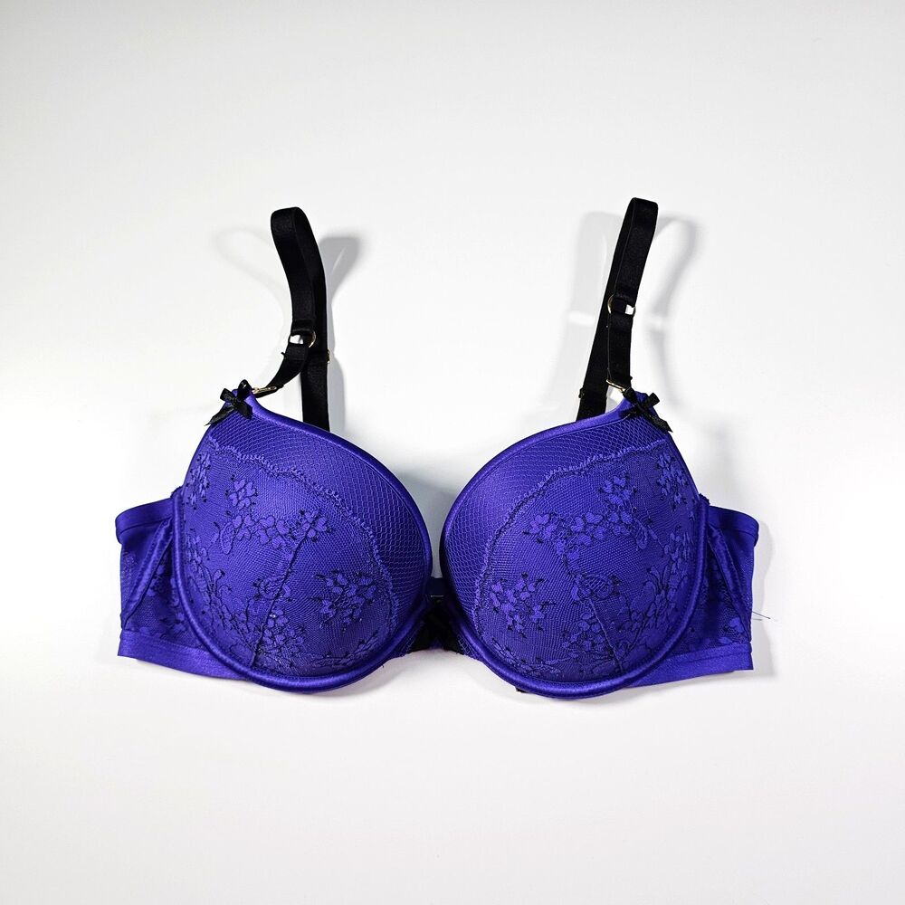 Victoria's Secret VERY SEXY Purple Lace Padded Demi Bra 36C Black Straps & Bows